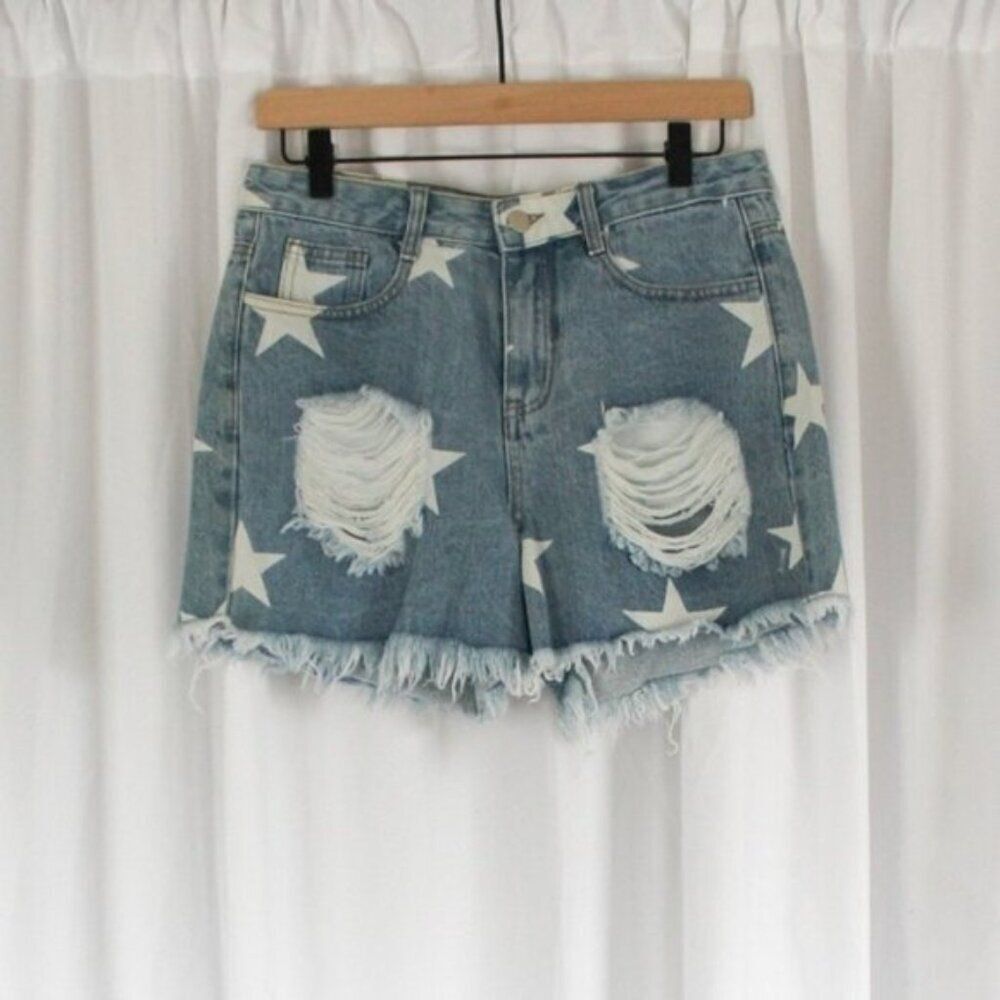 Love + Harmony Distressed Denim and White Star Shorts Medium